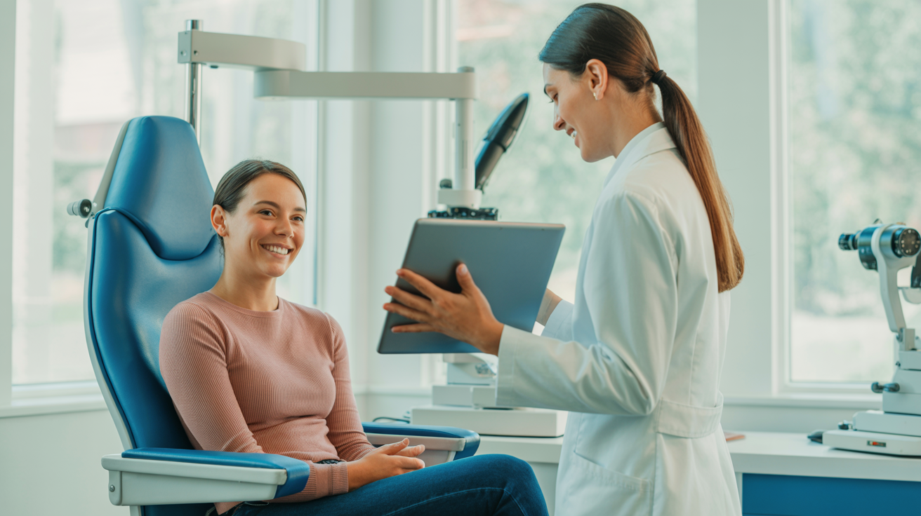 Patient comfortably reviewing eye care results with optometrist